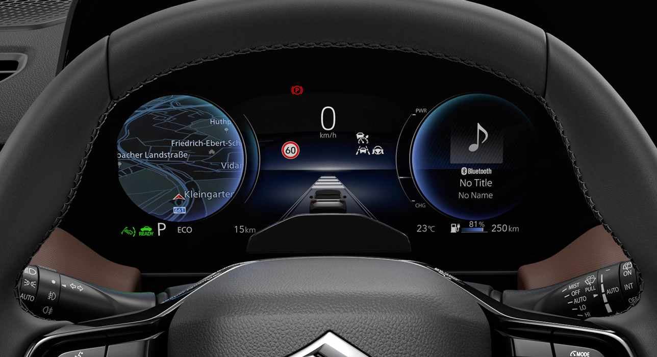 Nahaufnahme des individualisierbares Kombi-Instruments mit Geschwindigkeit, Kartenanzeige und Musikanzeige.