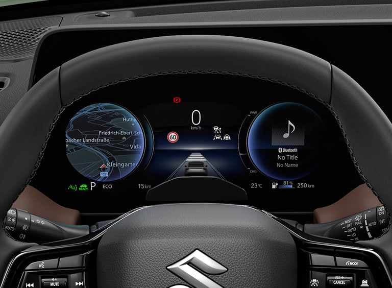 Nahaufnahme des individualisierbares Kombi-Instruments mit Geschwindigkeit, Kartenanzeige und Musikanzeige.